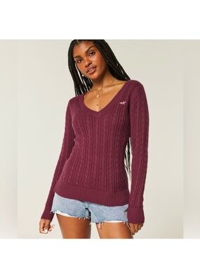 Hollister Cable-Knit Icon V-Neck Sweater, maroon, NWT, medium